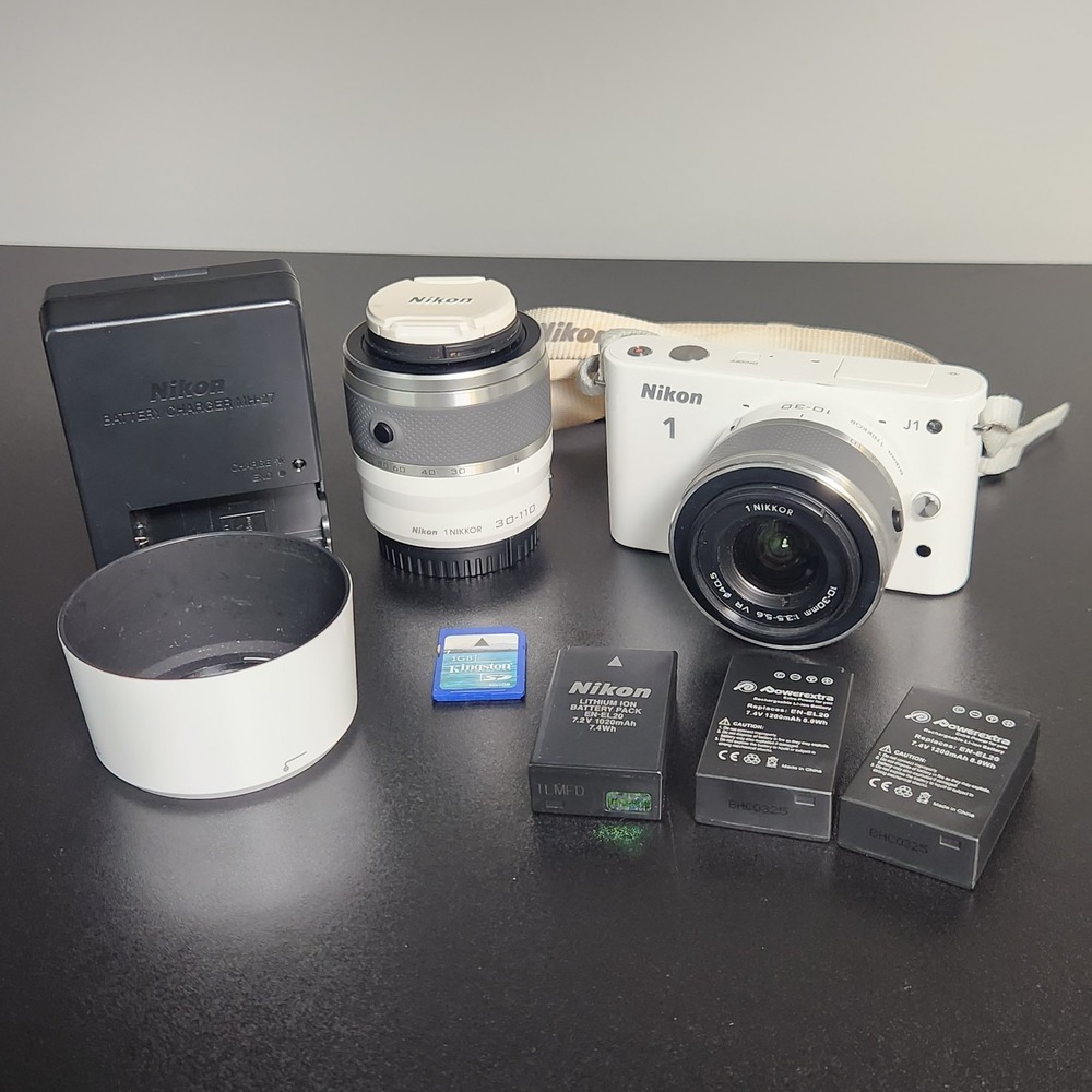 Nikon 1 J1 Digital Camera White w/ 10-30 & 30-110 Lens Hood 3 Batteries SD Card